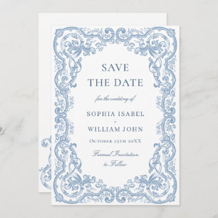 Renaissance Ornate Floral Dusty Blue Wedding Save The Date