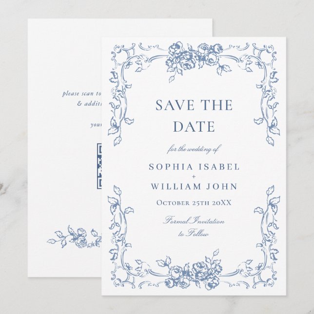 Renaissance Ornate Floral Dusty Blue Wedding Save The Date (Front/Back)