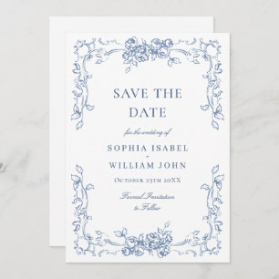 Renaissance Ornate Floral Dusty Blue Wedding Save The Date