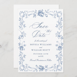 Renaissance Ornate Floral Dusty Blue Wedding Save The Date