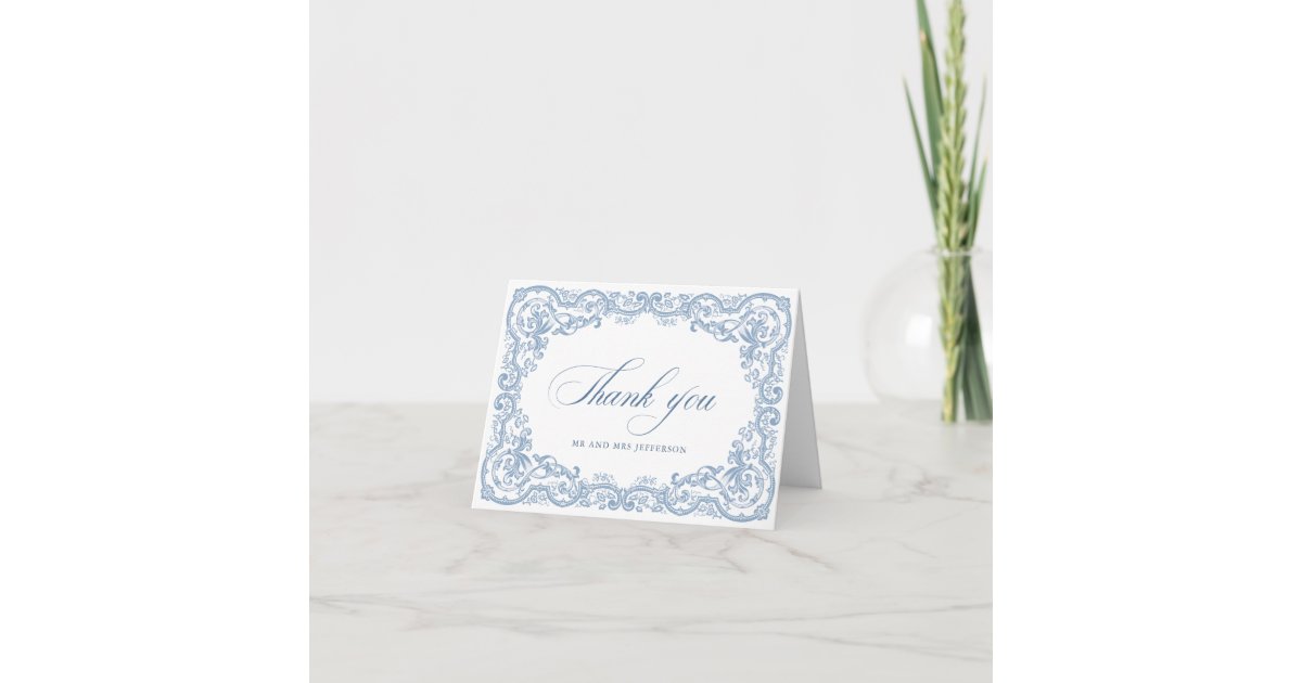 Renaissance Ornate Floral Dusty Blue Wedding Thank You Card | Zazzle
