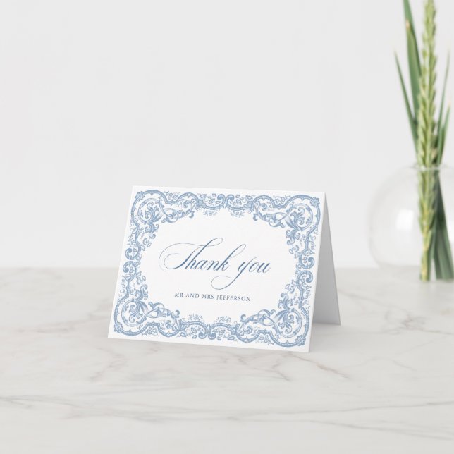 Renaissance Ornate Floral Dusty Blue Wedding Thank You Card (Front)