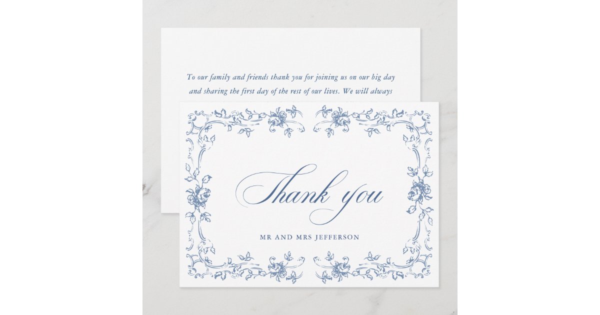 Renaissance Ornate Floral Dusty Blue Wedding Thank You Card | Zazzle