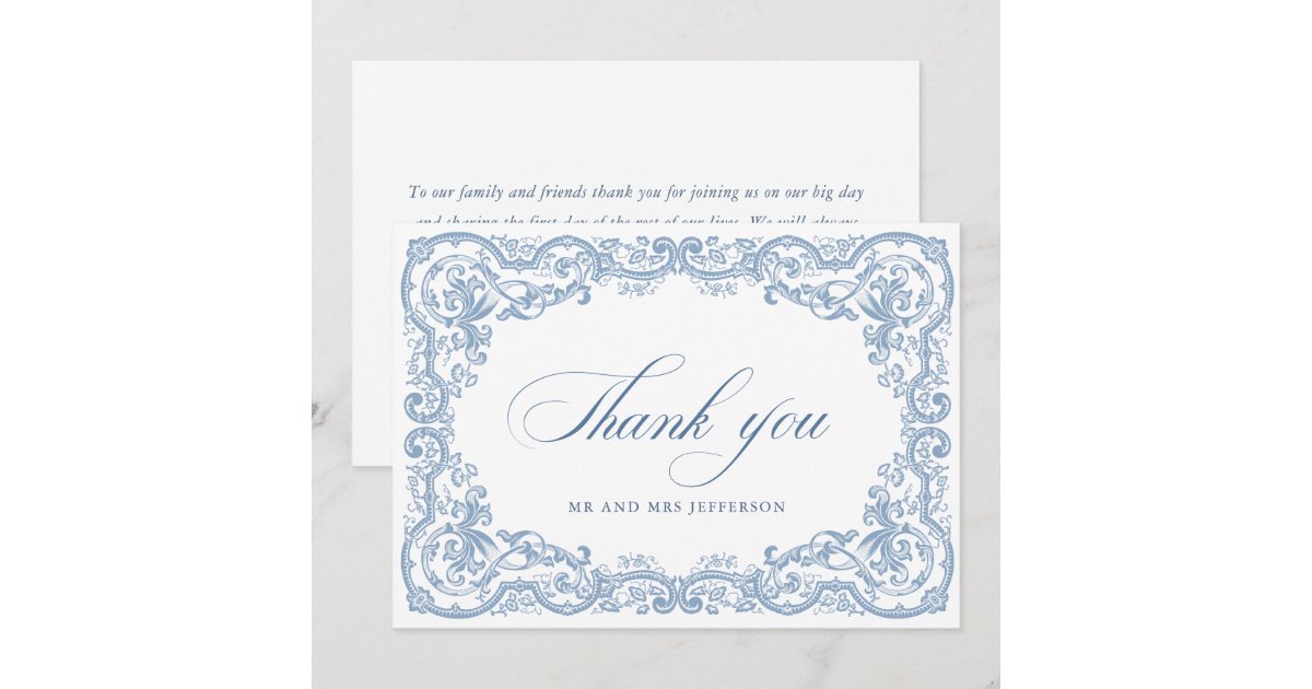 Renaissance Ornate Floral Dusty Blue Wedding Thank You Card | Zazzle