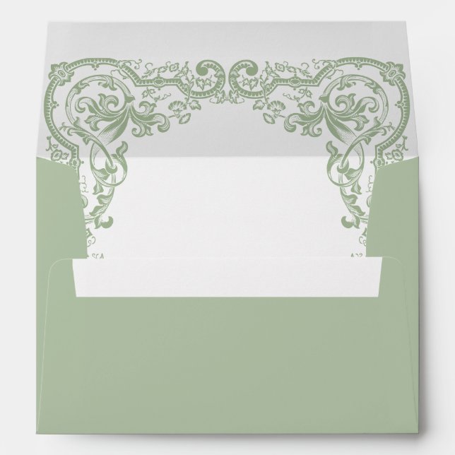 Renaissance Ornate Floral Sage Green Wedding Envelope (Back (Bottom))