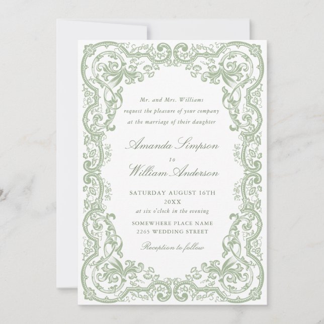 Renaissance Ornate Floral Sage Green Wedding Invitation (Front)