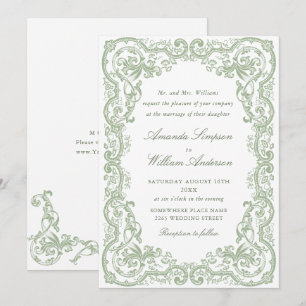 Renaissance Ornate Floral Sage Green Wedding Invitation