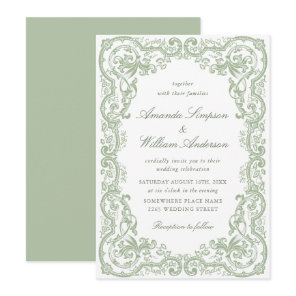 Renaissance Ornate Floral Sage Green Wedding Invitation