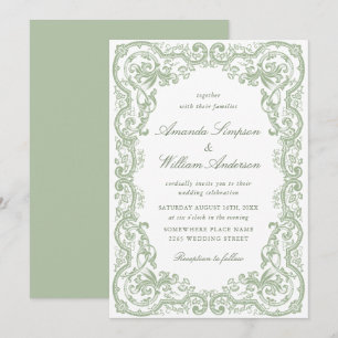 Renaissance Ornate Floral Sage Green Wedding Invitation