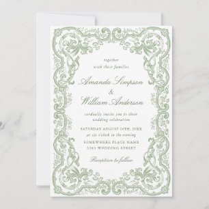 Renaissance Ornate Floral Sage Green Wedding Invitation