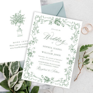Renaissance Ornate Floral Sage Green Wedding Invitation
