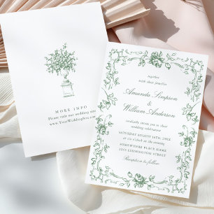 Renaissance Ornate Floral Sage Green Wedding Invitation