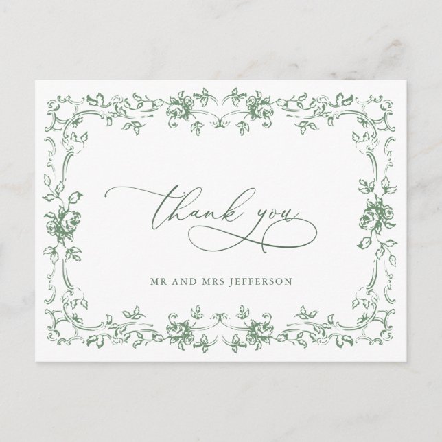 Renaissance Ornate Floral Sage Green Wedding Postcard (Front)