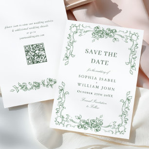 Renaissance Ornate Floral Sage Green Wedding Save The Date