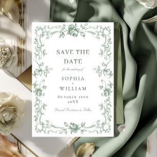 Renaissance Ornate Floral Sage Green Wedding Save The Date