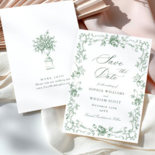 Renaissance Ornate Floral Sage Green Wedding Save The Date
