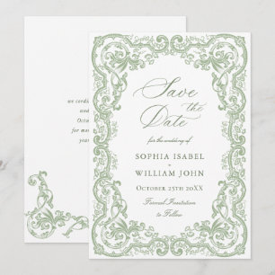 Renaissance Ornate Floral Sage Green Wedding Save The Date