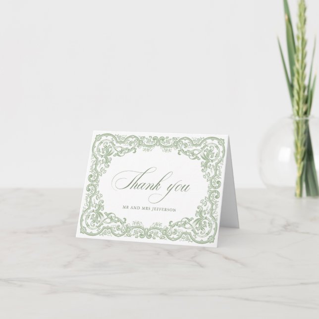 Renaissance Ornate Floral Sage Green Wedding Thank You Card (Front)