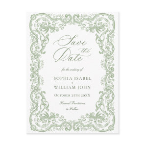 Renaissance Ornate Green Wedding Save the Date Postcard