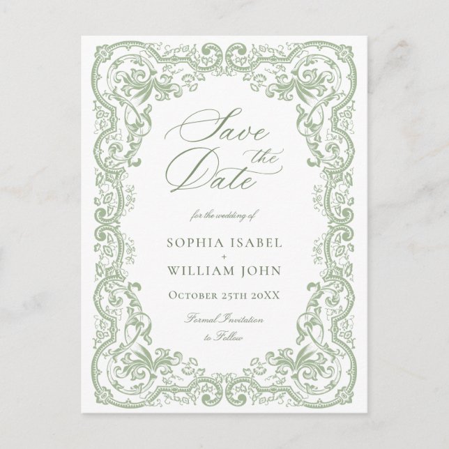 Renaissance Ornate Green Wedding Save the Date Postcard (Front)