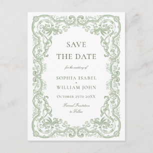 Renaissance Ornate Green Wedding Save the Date Postcard