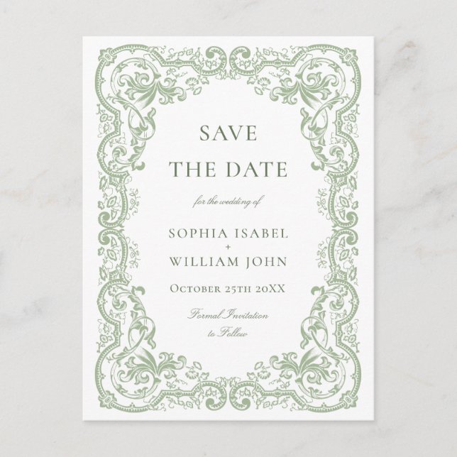 Renaissance Ornate Green Wedding Save the Date Postcard (Front)