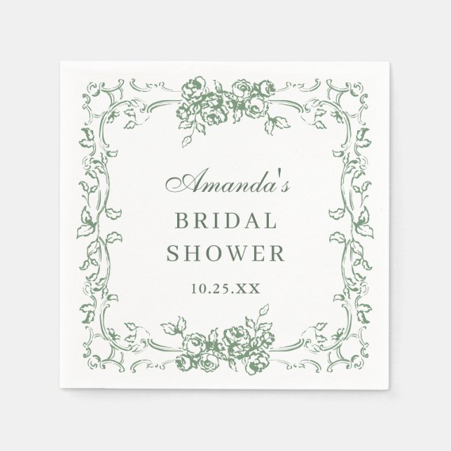 Renaissance Ornate Sage Green Floral Bridal Shower Napkins (Front)