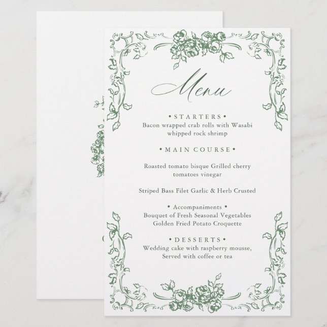 Renaissance Ornate Sage Green Floral Wedding Menu (Front/Back)