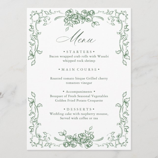 Renaissance Ornate Sage Green Floral Wedding Menu (Front)