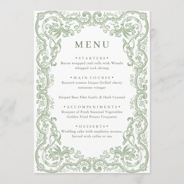 Renaissance Ornate Sage Green Floral Wedding Menu (Front)