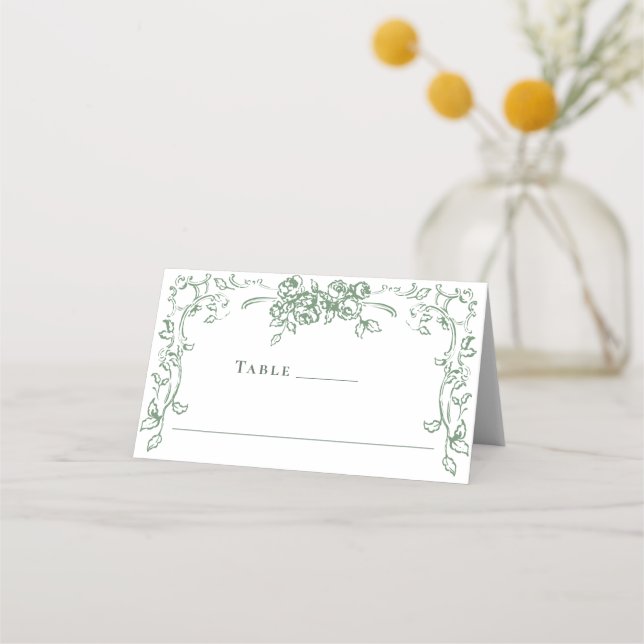 Renaissance Ornate Sage Green Floral Wedding Place Card (Front)