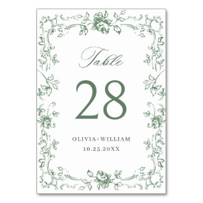 Renaissance Ornate Sage Green Floral Wedding Table Number