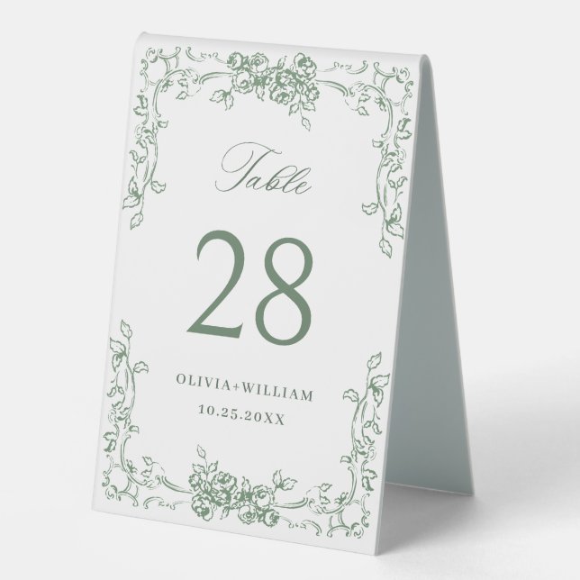 Renaissance Ornate Sage Green Floral Wedding Table Tent (Front)