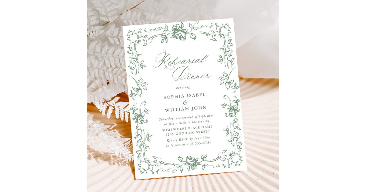 Italian Renaissance Script Invitation Renaissance Ornate Sage Green Rehearsal Dinner Invitation | Zazzle