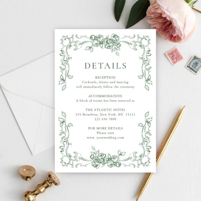 Renaissance Ornate Sage Green Wedding Details Enclosure Card (Creator Uploaded)