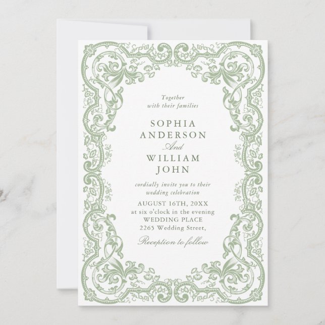 Renaissance Ornate Sage Green Wedding QR code Invitation (Front)