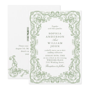 Renaissance Ornate Sage Green Wedding QR code Invitation