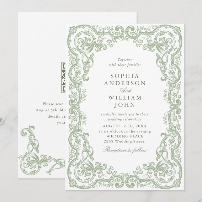 Renaissance Ornate Sage Green Wedding QR code Invitation (Front/Back)