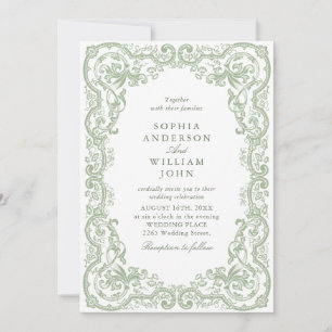 Renaissance Ornate Sage Green Wedding QR code Invitation