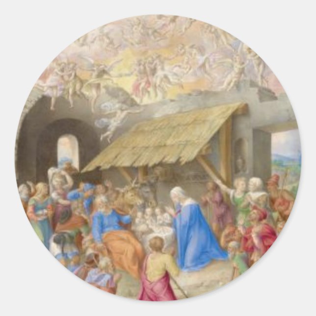 RENAISSANCE PAINTING OF NATIVITY AS CHRISTMAS CARD CLASSIC ROUND STICKER (Front)