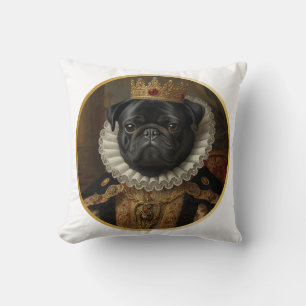 Renaissance Queen Portrait–Inspired Black Pug Art Throw Pillow