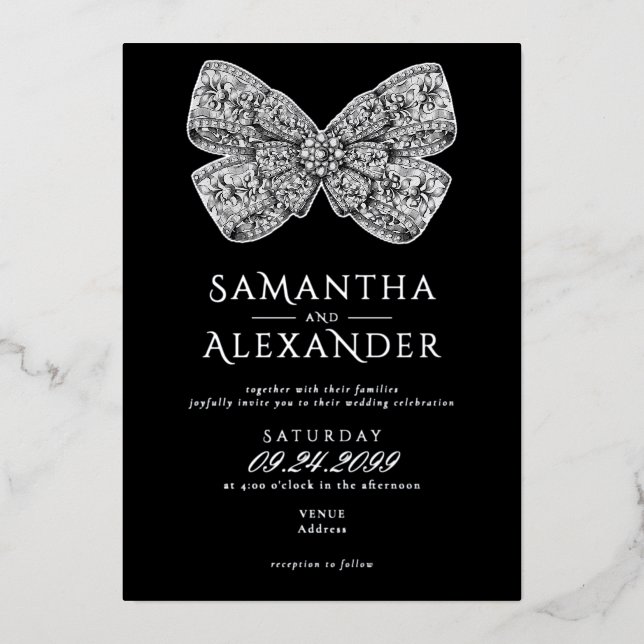 Renaissance Regency Ornate Bow Black Photo Wedding Foil Invitation (Front)