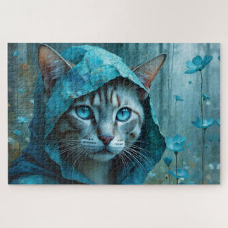 Renaissance Siamese Cat in Turquoise Blue Jigsaw Puzzle