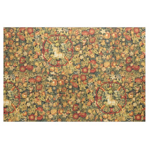 Renaissance Unicorn Amid Fruit & Flowers Pattern Fabric
