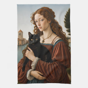 Renaissance Woman with a Black Cat Kitchen Towel