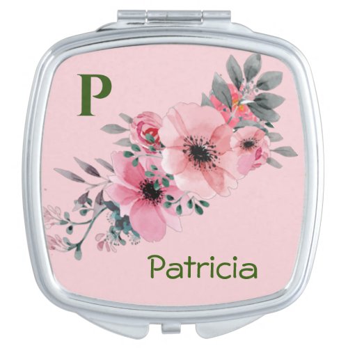 rendy Floral Pink Roses Monogram Name with Initial Compact Mirror