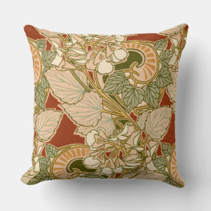 Rene Beauclair’s Flowers and Leaves on Red Throw Pillow