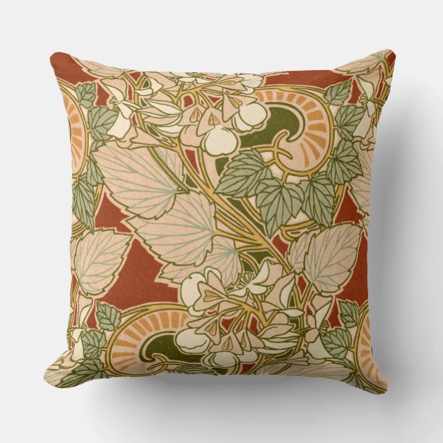 Rene Beauclair’s Flowers and Leaves on Red Throw Pillow (Front)