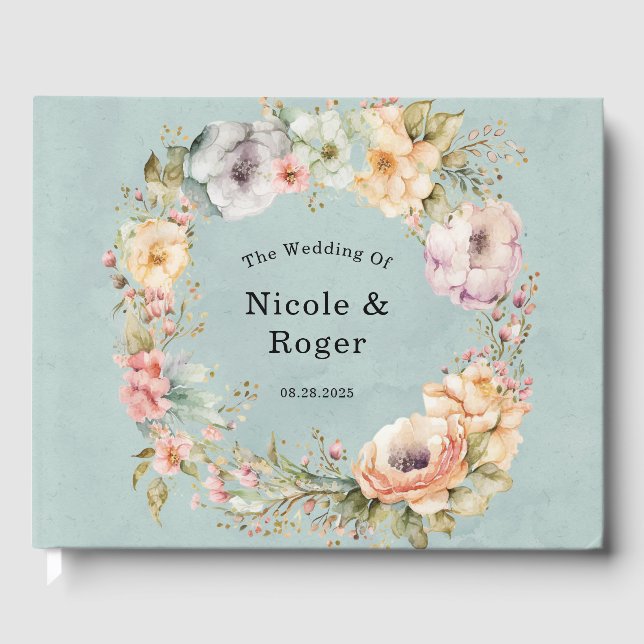 Renew Blue and Spring Peony Chic Wedding Guest Book (Front)