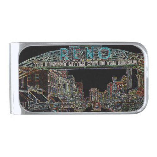 Reno Nevada Neon Art Vintage Colorful  Street Silver Finish Money Clip